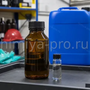 Бесцветная жидкость третбутилгидропероксида TBHP в стеклянной бутылке и канистра 20 кг на фоне химического склада