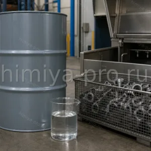 Бесцветная жидкость трихлорэтилена ТХЭ C2HCl3 в промышленной таре для обезжиривания и химической очистки