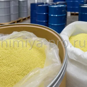 Светло-жёлтые гранулы твёрдой эпоксидной смолы NPES-301 в ёмкости и мешке — порошковые краски и покрытия