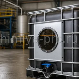 Тёмная вязкая жидкость пироконденсата в IBC-контейнере на складе; фракция пиролиза шин и пластика для топливных смесей