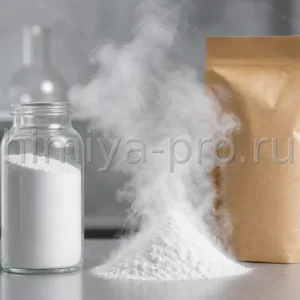 Рыхлый белый гидрофобный фумированный кремнезём SiO2 с лёгкой пылевой взвесью в стеклянной банке на химическом складе, CAS 112945-52-5
