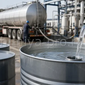 Прозрачная жидкость диизононилфталата DINP 99,5% в стальной бочке на фоне логистики химического сырья
