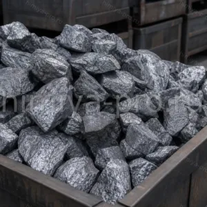 Серо-серебристые куски электротермического марганца 95% в стальной таре для металлургии и легирования стали