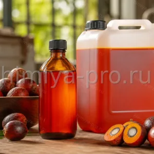 Нерафинированное масло буричи оранжево-красного цвета в стеклянной бутылке и канистре для косметики B2B