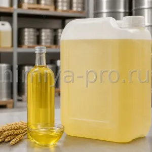 Рафинированное масло зародышей пшеницы светло-жёлтого цвета в бутылке и канистре на складе масел