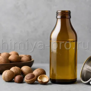 Золотистое сырое масло марулы холодного отжима в тёмной бутылке — натуральное масло для косметики и пищевой промышленности