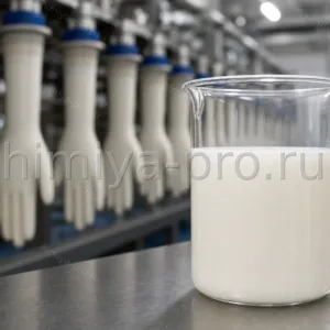 Натуральный латекс HA: молочно-белая суспензия каучука в стеклянной пробе на фоне форм для производства резиновых изделий