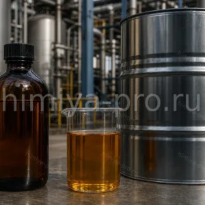 Янтарная маслянистая жидкость монометиланилина в тёмной бутылке и бочке, ароматический амин для химического синтеза
