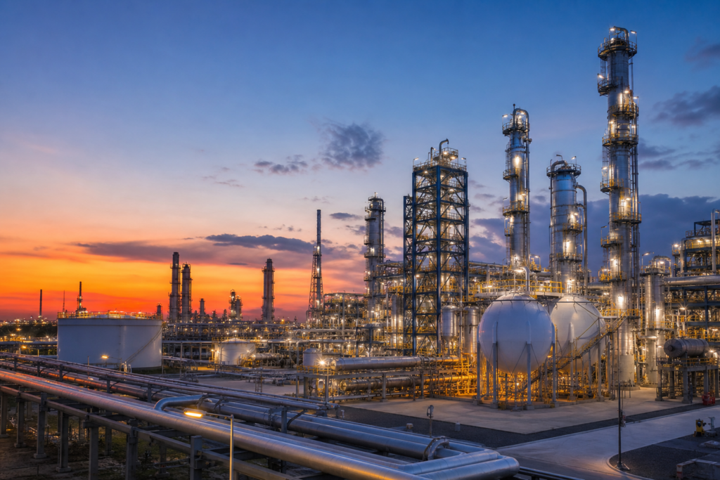 Промышленный нефтехимический комплекс с колоннами и резервуарами — инвестиции Pemex в производство аммиака и карбамида в Мекс