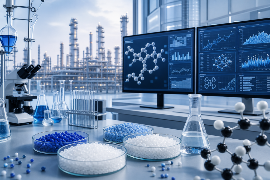 Лаборатория химического R&D с цифровыми моделями и полимерными материалами для разработки рецептур