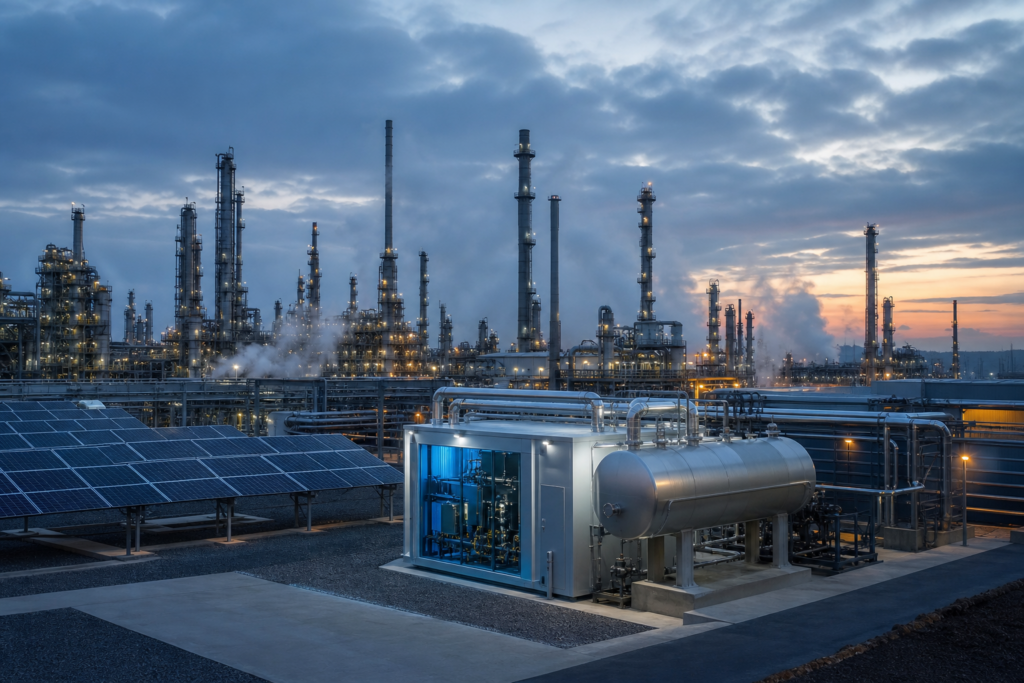 Нефтеперерабатывающий комплекс с установкой электролиза зелёного водорода и солнечными панелями — проект SARPOM в Италии