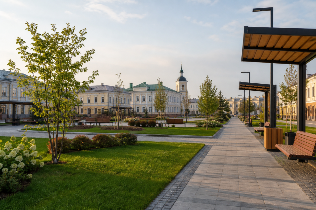 Благоустройство центральной площади малого города: аллеи, газоны и пешеходные зоны рядом с предприятием удобрений
