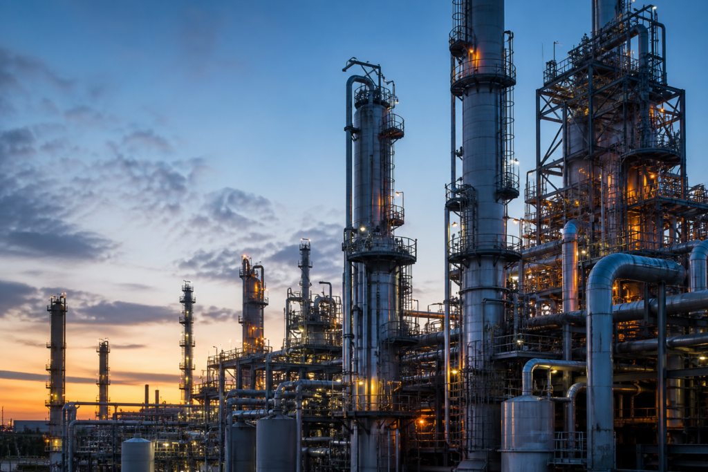 Химический завод с колоннами и трубопроводами на закате — финансы BASF и спецхимия