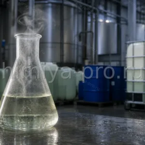 Прозрачная соляная кислота HCl в колбе с лёгкими парами и кислотостойкие канистры, бочки и IBC на участке травления