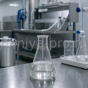 Разбавленная соляная кислота 13% в лабораторной колбе и небольшие канистры на фоне нержавеющего пищевого оборудования
