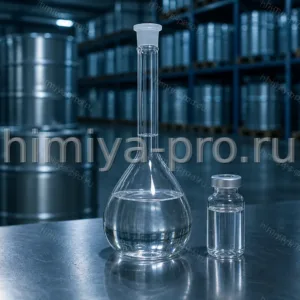 Стабилизированный винилацетат высокой чистоты в лабораторной колбе и стальные бочки на складе мономера