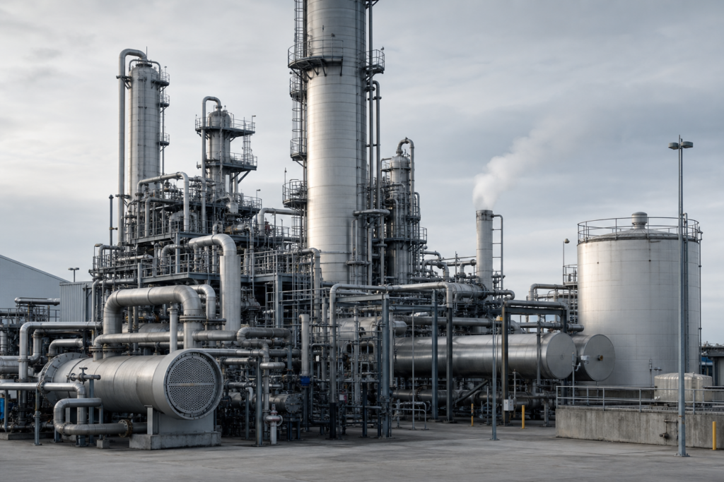 Стальные колонны аминовой абсорбции CO2, трубопроводы и резервуары химзавода — углеродные единицы и климатпроекты