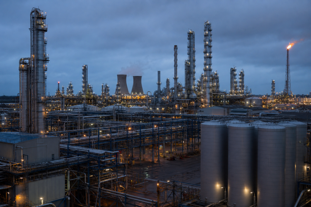 Промышленный нефтехимический комплекс с колоннами и силосами полимеров — продажа химического бизнеса Shell в США