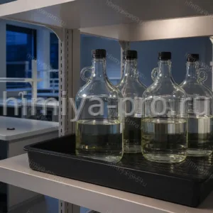 Неконцентрированная азотная кислота в стеклянных бутылях учебной лаборатории для исследовательских работ