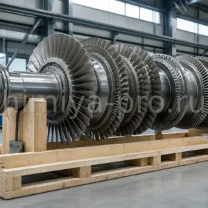 Комплектный металлический ротор паровой турбины компрессора синтез-газа на транспортной раме в цехе