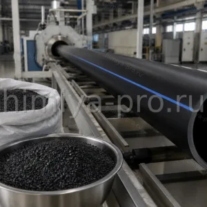 Гранулы бимодального полиэтилена высокой плотности PE6PP-32 рядом с экструдированной напорной трубой