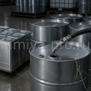 Бесцветные лёгкие нефтяные дистилляты в стальных бочках и канистрах на складе легковоспламеняющихся растворителей