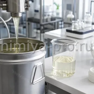 Бледно-жёлтое рафинированное масло вишневых косточек в канистре 25 кг на столе косметического цеха