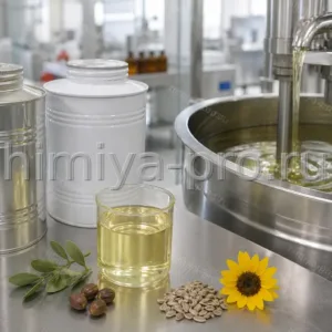 Смесь рафинированного масла жожоба с подсолнечным в канистрах на участке приготовления косметических эмульсий