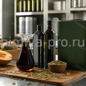 Тёмно-зелёное нерафинированное масло семян тыквы холодного отжима в бутылях и канистре на складе
