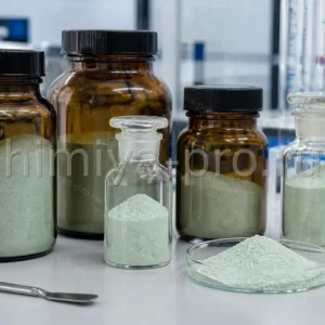 Серовато-белый порошок хлорида меди(I) квалификации ч в герметичных лабораторных банках на аналитическом столе