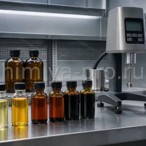 Образцы углеводородных нефтепродуктов в лабораторных флаконах для контроля качества на НПЗ