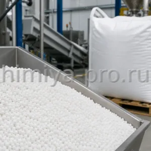 Белые водоустойчивые гранулы аммиачной селитры 35% азота у мягкого контейнера на складе насыпной отгрузки