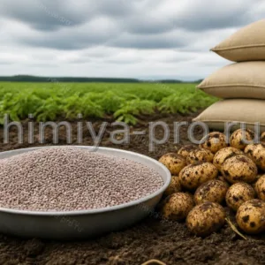Серо-розовые гранулы нитроаммофоски 22-7-12 у мешков 25 кг на фоне картофельного поля и клубней