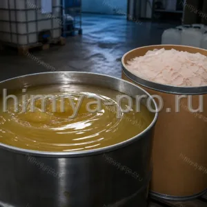 Вязкий желтоватый нонилфенол в стальной бочке и хлопья октилфенола на складе сырья для алкилфенолэтоксилатов