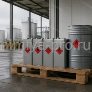 Фасованный нефтяной ортоксилол в металлических канистрах и бочке на складской рампе для органического синтеза