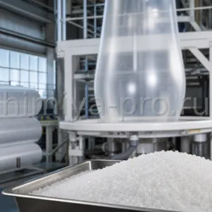 Светлые гранулы плёночного полиэтилена PE4FE-72 у линии экструзии рукавной плёнки на производстве гибкой упаковки