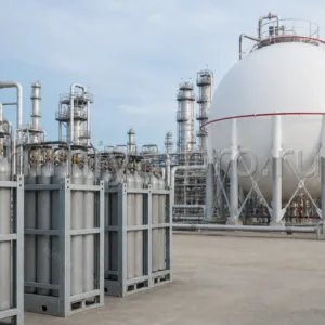 Сжиженный пропилен в стальных баллонах и сферическом резервуаре на нефтехимической площадке для полимеров