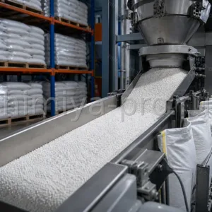 Плотные гранулы аммиачной селитры 34,6% с нитратом магния на линии фасовки в промышленные мешки удобрений
