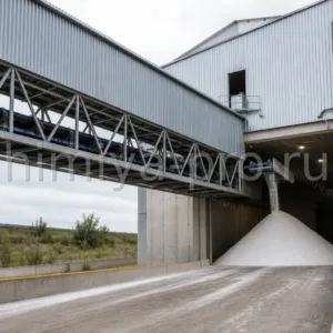 Белые гранулы аммиачной селитры 34,5% идут закрытым конвейером в бетонный отсек склада удобрений