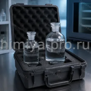 Малые стеклянные бутылки с бесцветным толуолом чда в транспортном ложементе для рабочих мест контроля качества