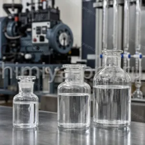 Бесцветный н-гептан нормальный эталонный во флаконах на столе топливной лаборатории у установки определения октанового числа.