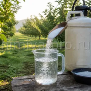 Белые гранулы карбамида растворяются в воде у бака опрыскивателя в саду перед листовой подкормкой