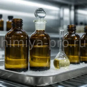 Маслянистый фурфурилмеркаптан в тёмных стеклянных флаконах на лабораторном лотке, сырьё для кофейных ароматов