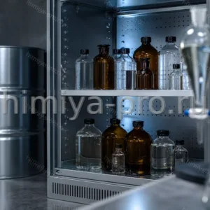 Бесцветная жидкость диэтилового эфира чда в стеклянной таре и металлической бочке в огнезащитном шкафу