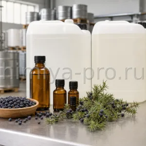 Бесцветное эфирное масло можжевеловых ягод в янтарных флаконах и канистре рядом с ягодами можжевельника