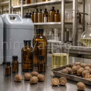 Бледно-жёлтое эфирное масло мускатного ореха в лабораторных флаконах рядом с цельными орехами