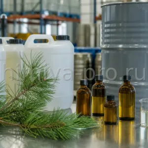 Бледно-жёлтое эфирное масло сосны в флаконах, канистре и бочке рядом со свежей хвоей