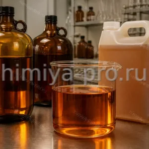 Янтарно-коричневая жидкость 5-метилфурфурол в бутылях и канистре на столе ароматической лаборатории