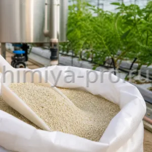 Белые гранулы нитрата кальция N17 CaO32 у бака фертигации в теплице для азотно-кальциевого питания