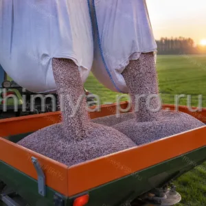 Светло-коричневые гранулы нитроаммофоски NPK 16:16:16 загружают в разбрасыватель на поле зерновых
